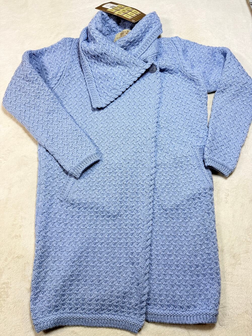 Aran Sweater Market Virgin Wool Coatigan Periwinkle Blue Cabincore Womens Sz Med